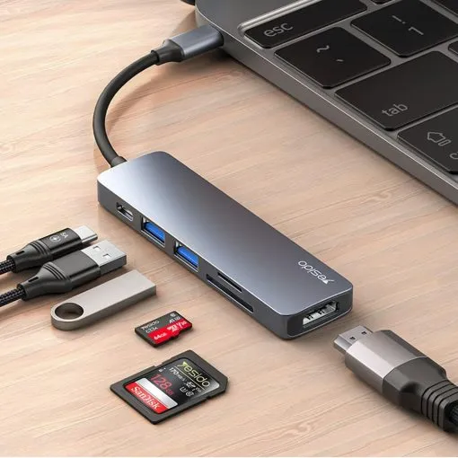Alternative view of Yesido HB11 6-in-1 Aluminium Alloy USB-C Multiport Hub Adapter with 4K HDMI & Card Reader, Authentic Grey