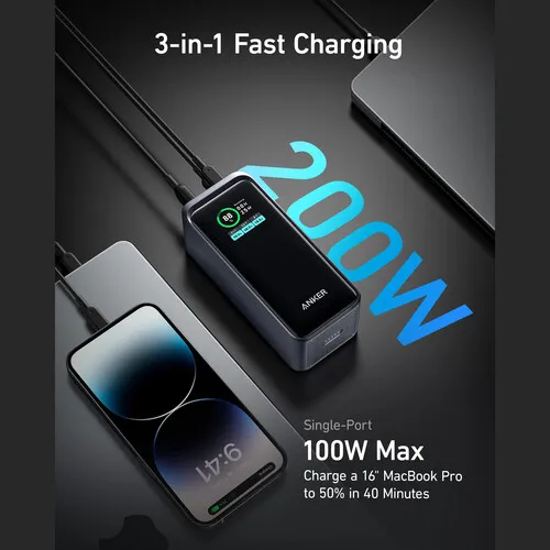 Alternative view of ANKER 735 3-Port 200W Power Bank with LCD Screen (20,000mAh, Black)