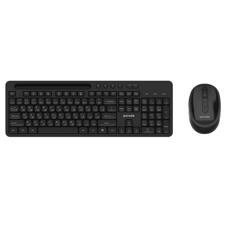 Porodo Wireless 2.4G+BT Keyboard with Pen/Phone Tray and Mouse – Black