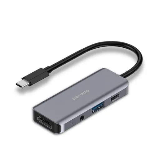 Porodo 4in1 USB-C Hub Type-C PD 100W HDMI USB 3.5mm Aux - Grey