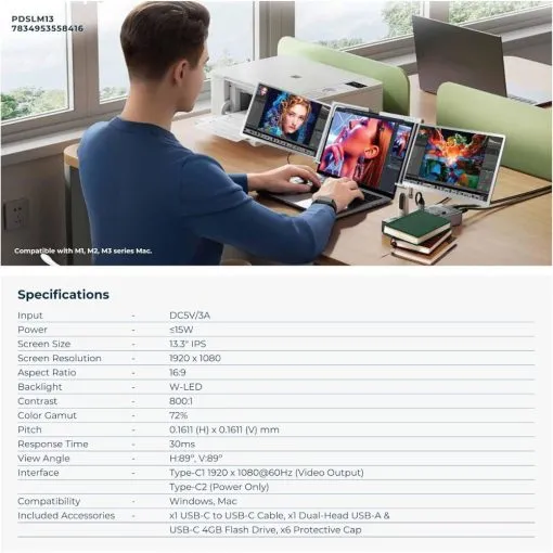 Powerology 13.3" Dual Screen Portable Monitor - Silver - PDSLM13 - Image 5