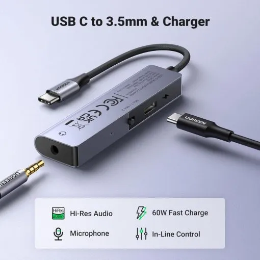 Alternative view of UGREEN USB C to 3.5mm Headphone & USB-C Charging Port Built-In Microphone