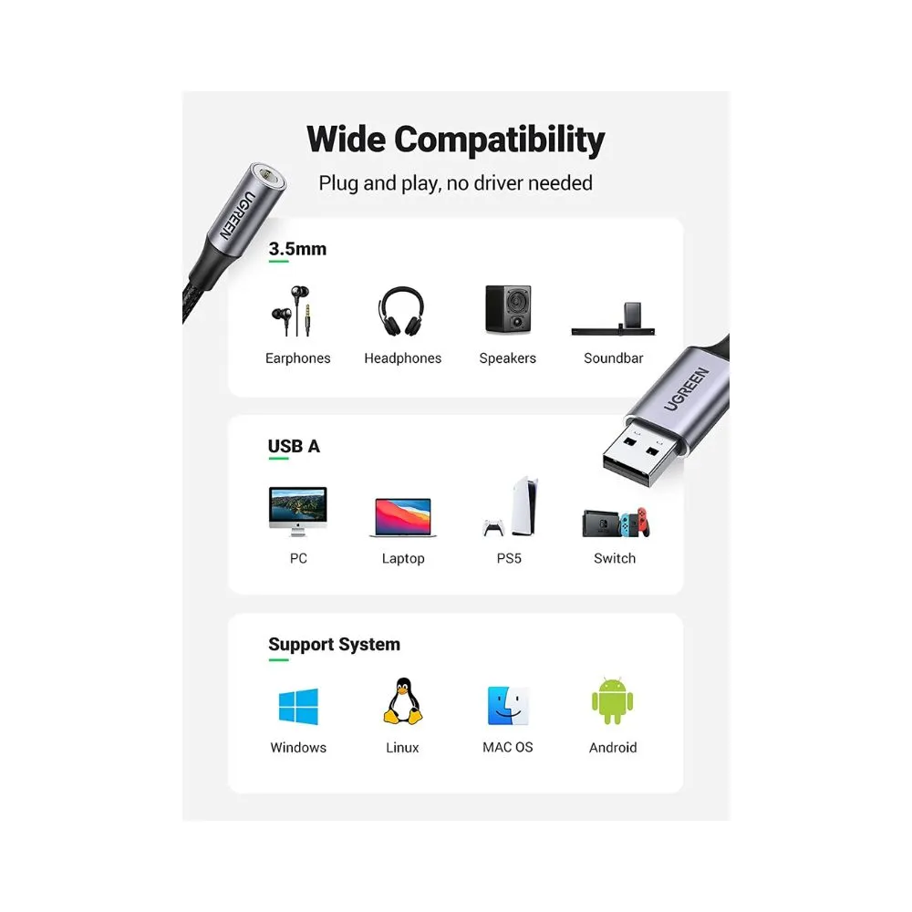 UGREEN Sound Card Adapter USB to 3.5mm Audio Jack USB A - Image 3