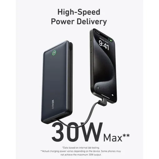 Nano Power Bank 20K 30W with built-in USB-C cable, fast charging, dual output, and high-capacity battery—portable power for smartphones and tablets.