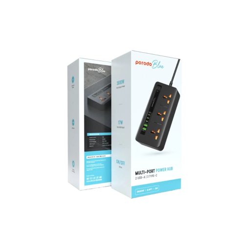 Alternative view of Porodo Blue 3-AC Power Socket with USB-A & Type-C