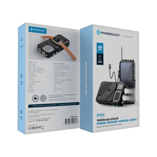 Powerology 16000mAh Solar Power Bank with FM Radio Speaker and Lights - Black