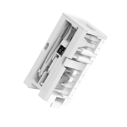 32-in-1 multifunctional electronics cleaning kit displayed with a DSLR camera and keyboard