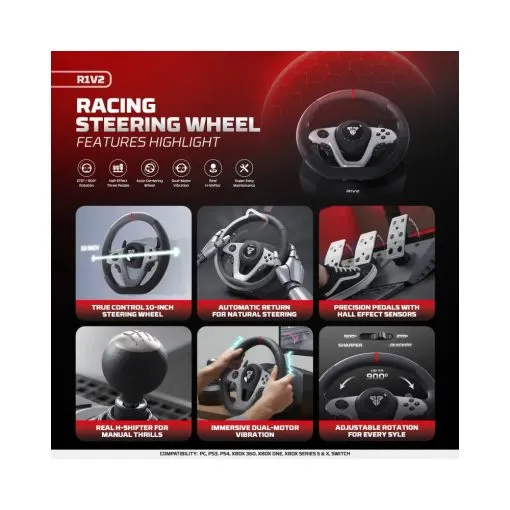 fantech r1v2 professional 900° racing steering wheel bundle with gear shifter & hall effect pedals, dual motor vibration