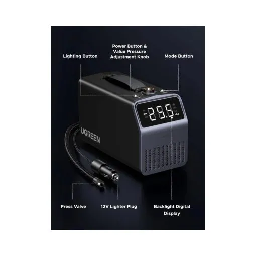 UGREEN - ET723 150PSI Pro Tire Inflator, Corded & Cordless Built-in Battery, Air Compressor with LED Display & Auto Shutoff - 35976 - Image 6