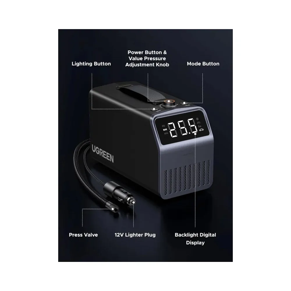 UGREEN - ET723 150PSI Pro Tire Inflator, Corded & Cordless Built-in Battery, Air Compressor with LED Display & Auto Shutoff - 35976 - Image 6