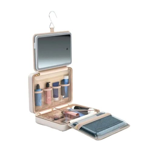 porodo travel makeup case with detachable led mirror & hanging hook beige
