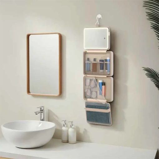 porodo travel makeup case with detachable led mirror & hanging hook beige