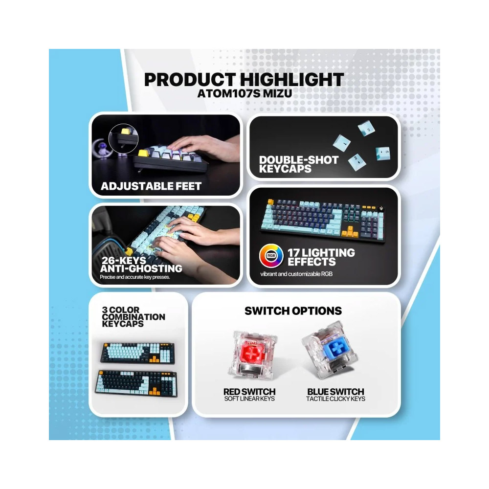 Fantech MIZU Edition MK893S - ATOM107S, Pro Wired Mechanical Keyboard with RGB Lighting Sky Blue - Image 5