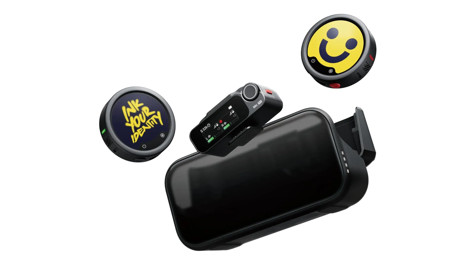 Insta360 Mic Pro transmitter showing the 3-mic array hardware