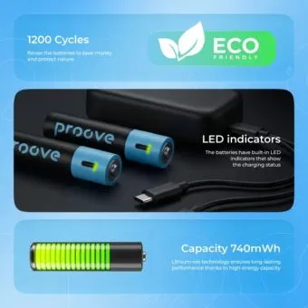 proove compact energy aaa 740mwh type c rechargeable lithium ion batteries (2 pack)