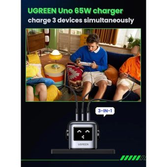 ugreen uno charger 65w – futuristic robot design – 3 port gan fast charging