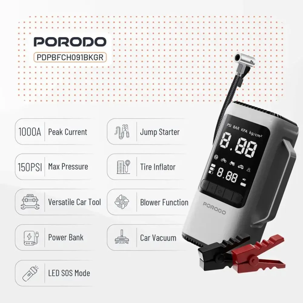 porodo multifunction 6 in 1 power tool jump starter with air compressor & power bank