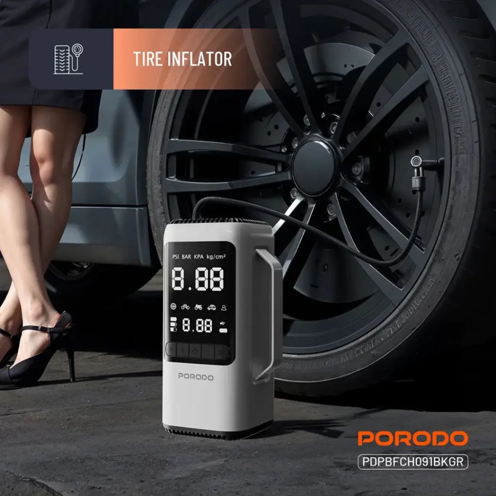 porodo multifunction 6 in 1 power tool jump starter with air compressor & power bank