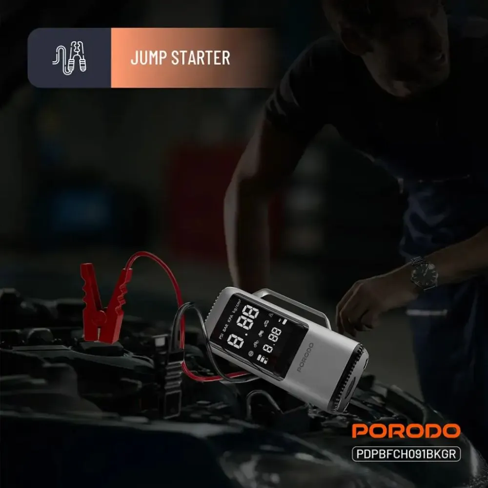 porodo multifunction 6 in 1 power tool jump starter with air compressor & power bank