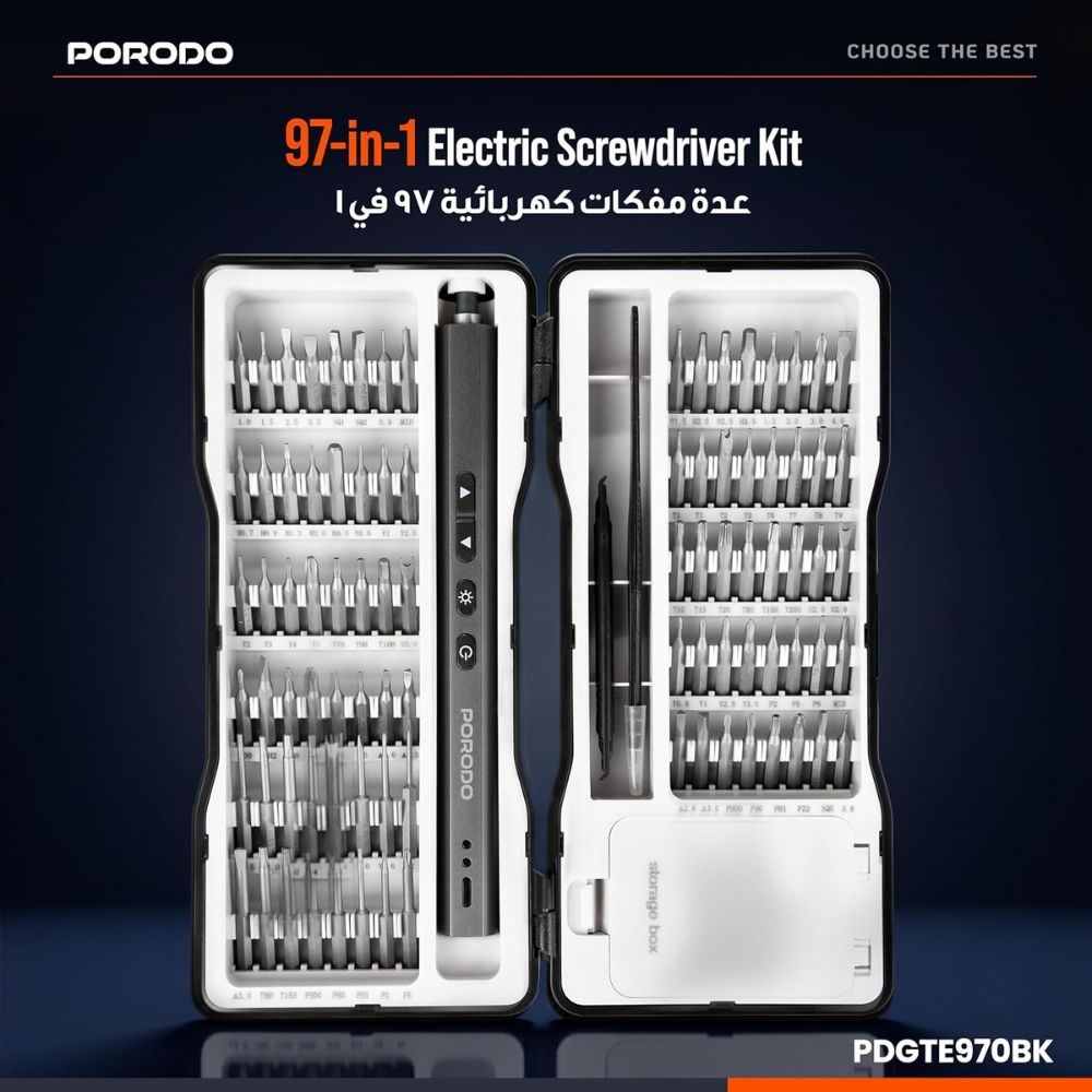 porodo techfix 97‑in‑1 electric screwdriver kit black