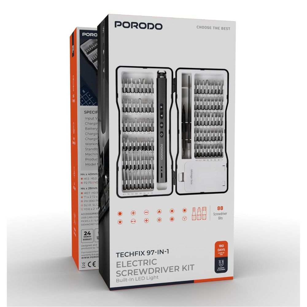 porodo techfix 97‑in‑1 electric screwdriver kit black