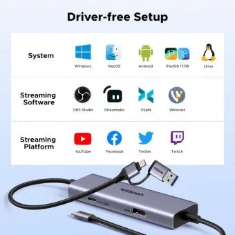 ugreen video capture card hdmi 2k, 30hz usb 3.0 with pd 100w type c fast charger for streaming low latency