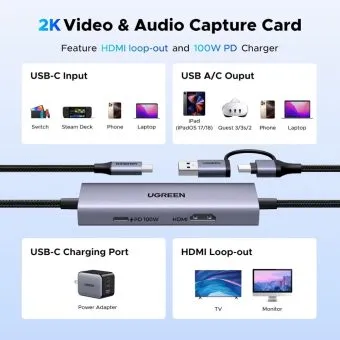 ugreen video capture card hdmi 2k, 30hz usb 3.0 with pd 100w type c fast charger for streaming low latency