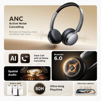 ugreen studio plus 80hrs active noise cancelling headphones silver black