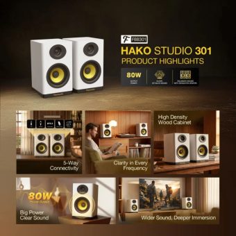 fantech finecoustic hako studio 301 80w 2.0 bookshelf speakers | bluetooth 5.3 & wood cabinet