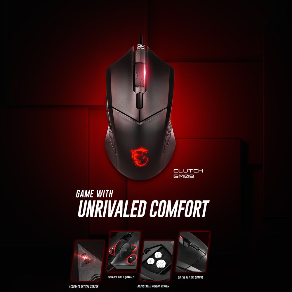 msi clutch gm08 wired gaming mouse, 4200dpi, red lighting