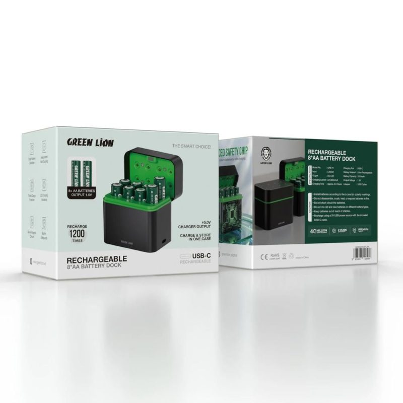 green lion rechargeable 8*aaa battery dock, usb c charging station