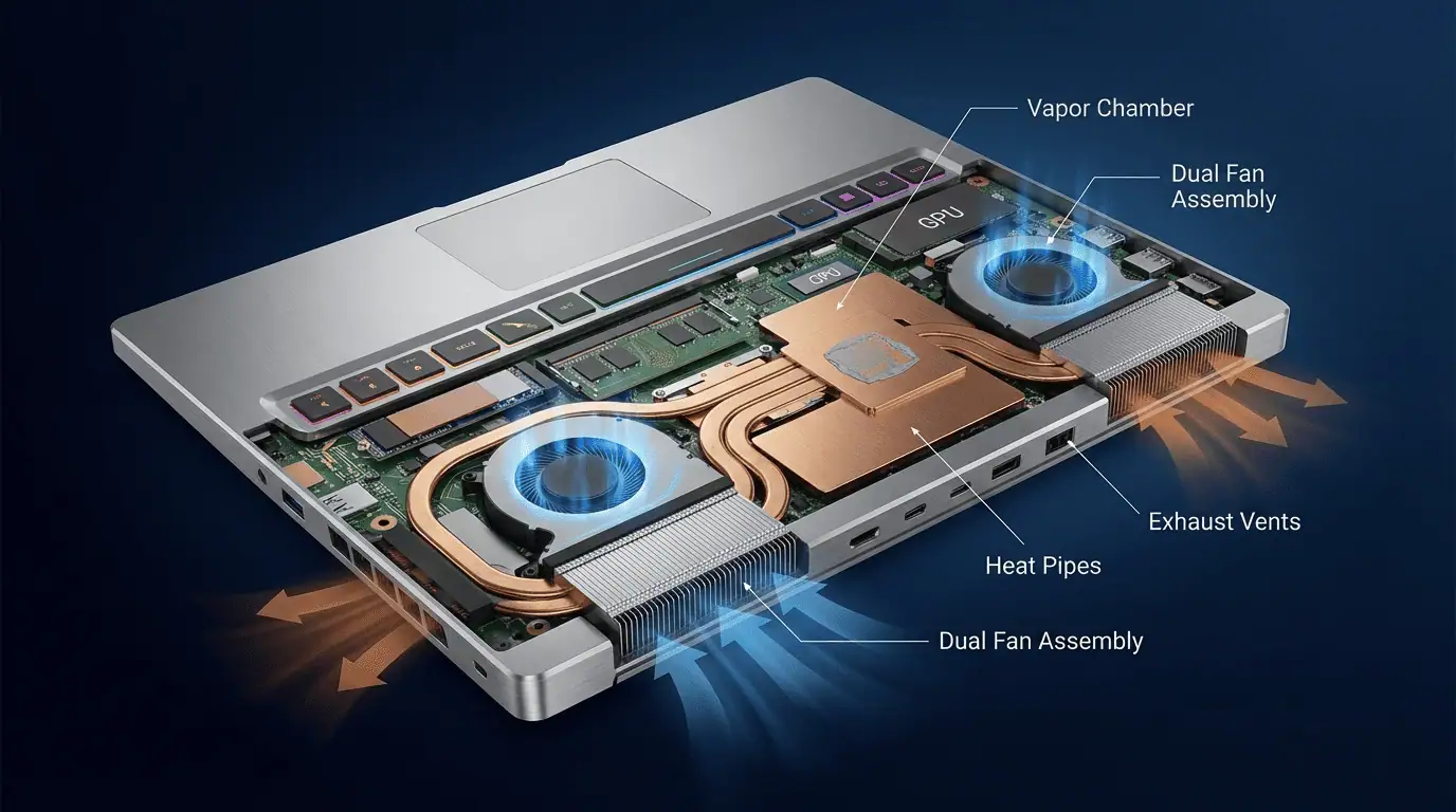 Advanced laptop vapor chamber cooling system and exhaust heat pipes