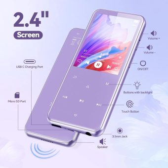 agptek m3 64gb mp3 player with bluetooth 5.3 – 2.4" color screen, speaker & fm radio, purple