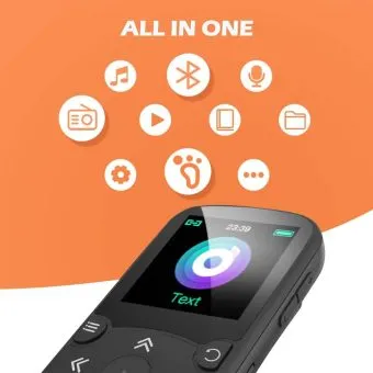 agptek 64gb sport mp3 player with bluetooth 5.3 – 1.5" color screen, clip & fm radio, black