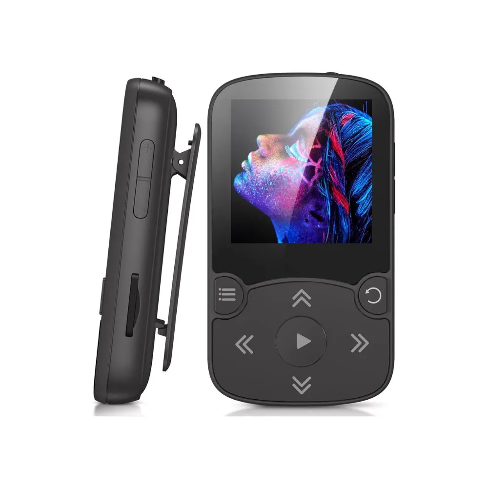 agptek 64gb sport mp3 player with bluetooth 5.3 – 1.5" color screen, clip & fm radio, black