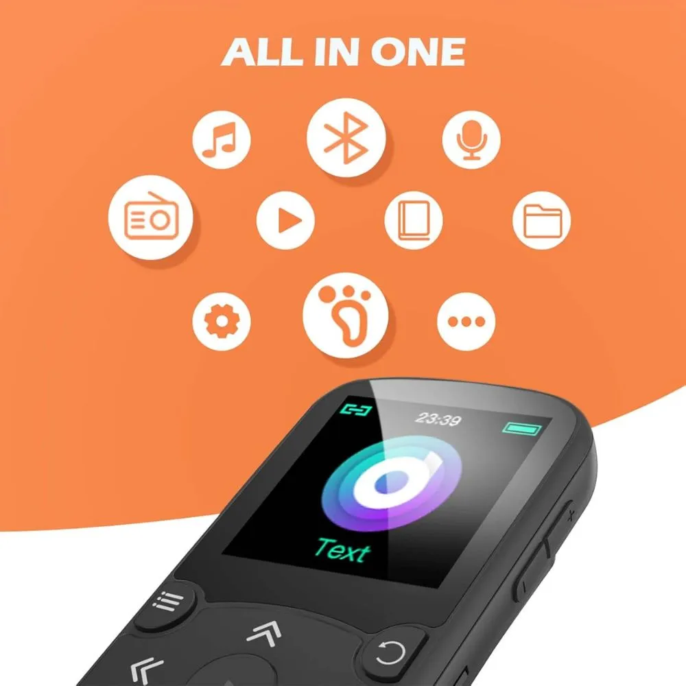 agptek 64gb sport mp3 player with bluetooth 5.3 – 1.5" color screen, clip & fm radio, black