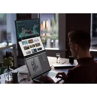 DualView Monitor F15 Pro 15.6 inch dual-screen touchscreen portable monitor - in use workstation