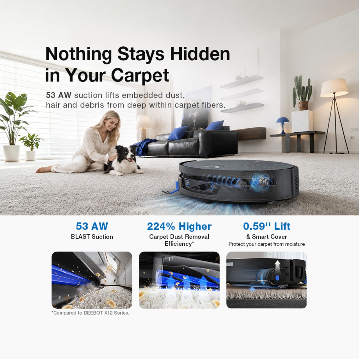 ECOVACS X12S Pro Omni deep carpet cleaning with roller lift