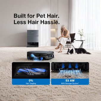ECOVACS X12S Pro Omni 53AW suction and zero hair tangling for pets