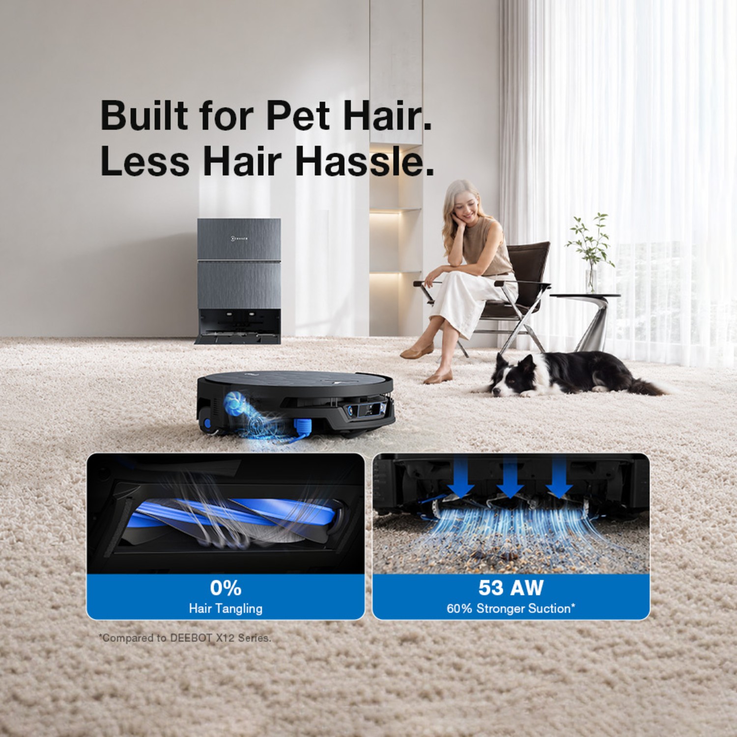 ECOVACS X12S Pro Omni 53AW suction and zero hair tangling for pets
