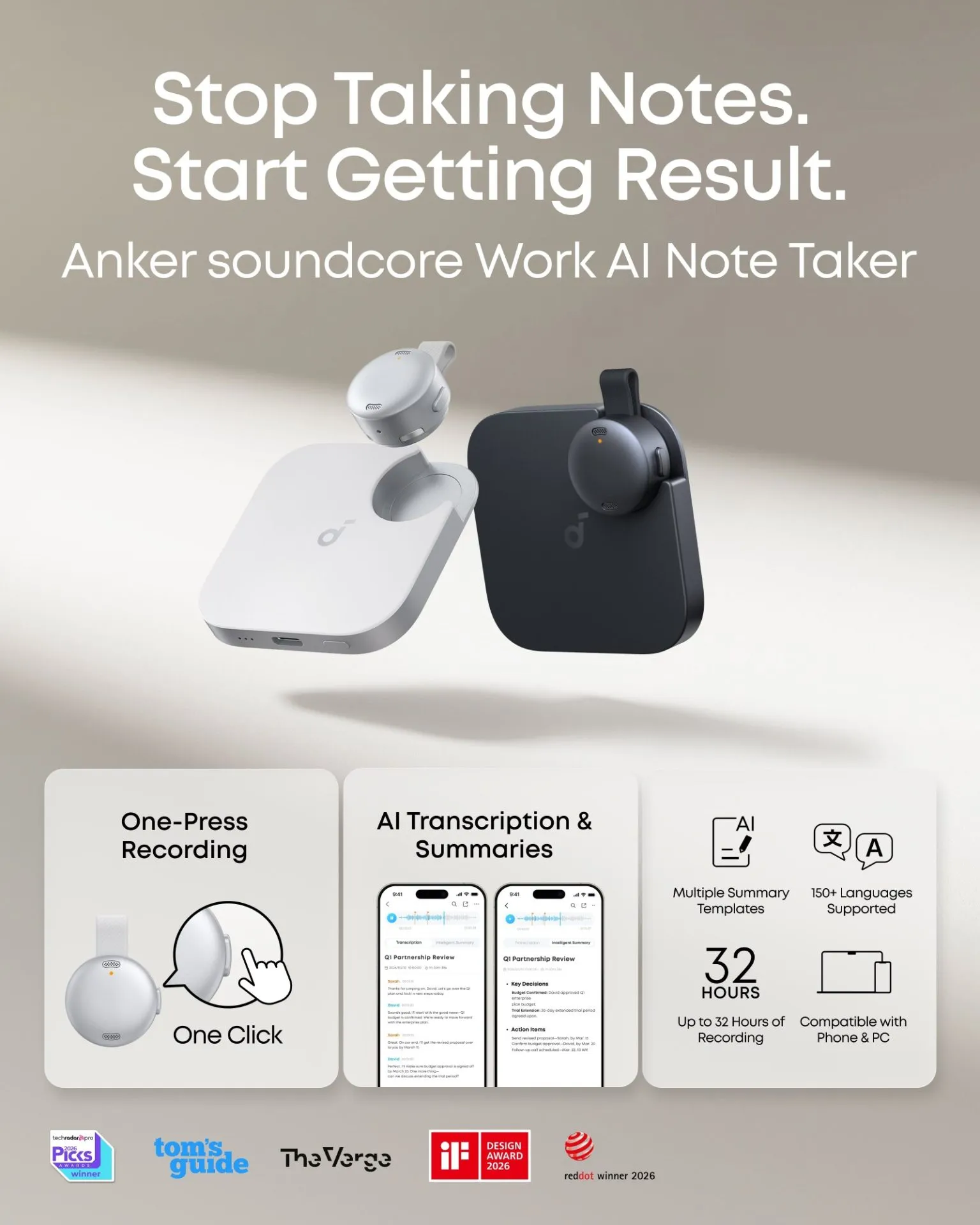 Soundcore Work AI Voice Recorder white features